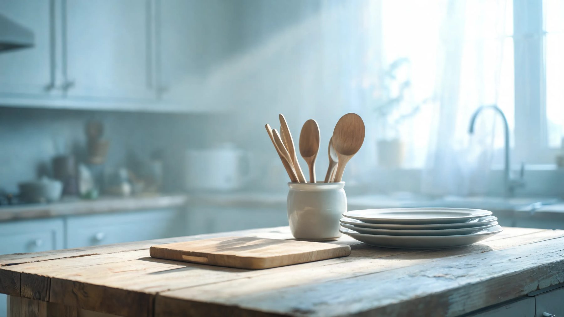 Kitchen bench with a cutting board, a crock of spoons and stacked plates